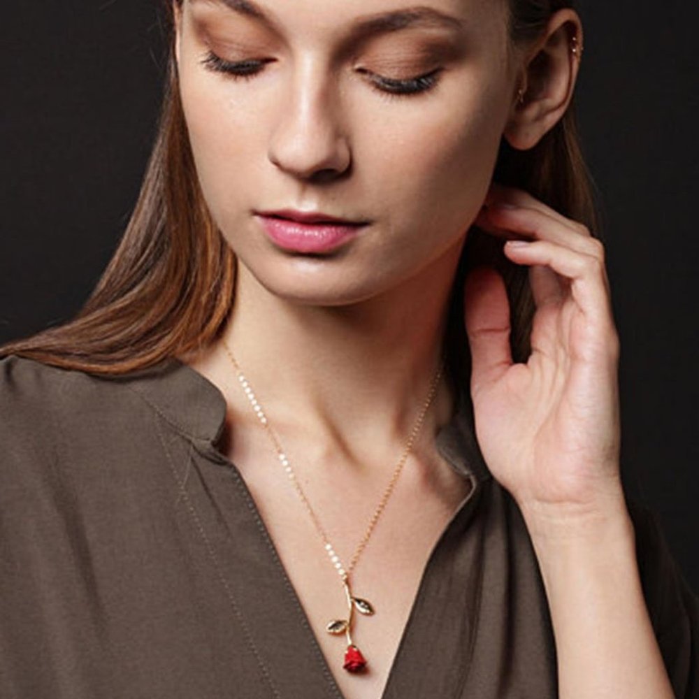 "Beauty & the Beast" Red Rose Dainty Cute Necklace - Picture 7 of 10